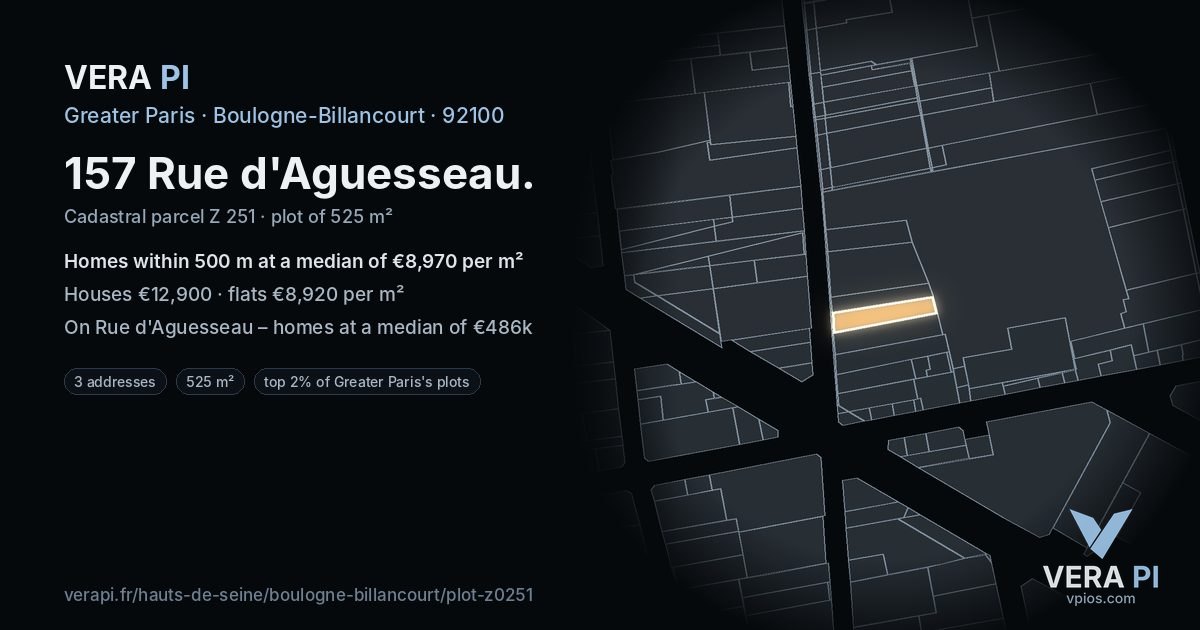 157 Rue d'Aguesseau, Boulogne-Billancourt at night – the plot lit, the parcels around coloured by the prices near them