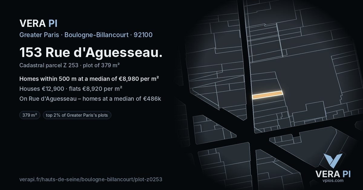 153 Rue d'Aguesseau, Boulogne-Billancourt at night – the plot lit, the parcels around coloured by the prices near them