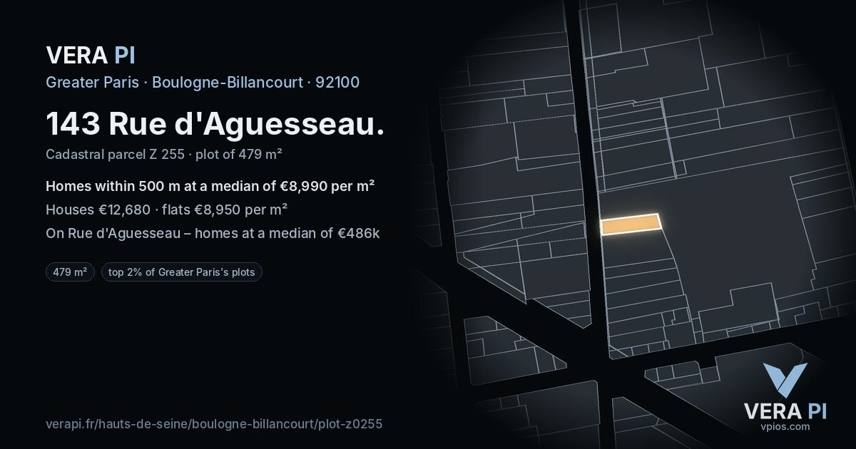 143 Rue d'Aguesseau, Boulogne-Billancourt at night – the plot lit, the parcels around coloured by the prices near them