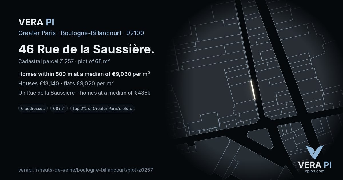 46 Rue de la Saussière, Boulogne-Billancourt at night – the plot lit, the parcels around coloured by the prices near them