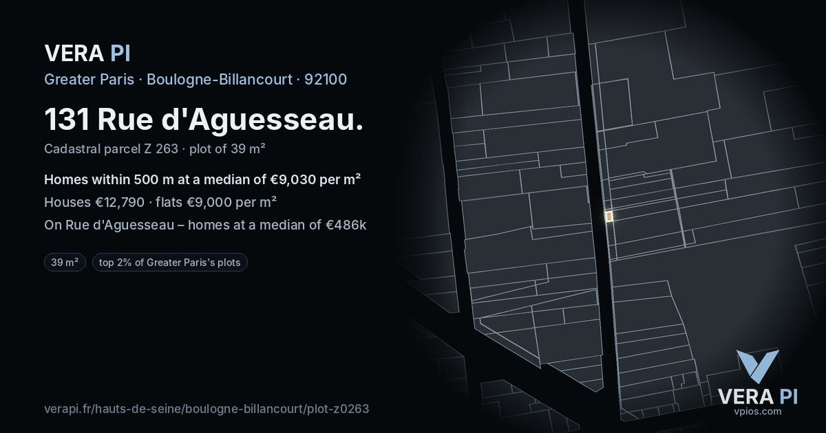 131 Rue d'Aguesseau, Boulogne-Billancourt at night – the plot lit, the parcels around coloured by the prices near them