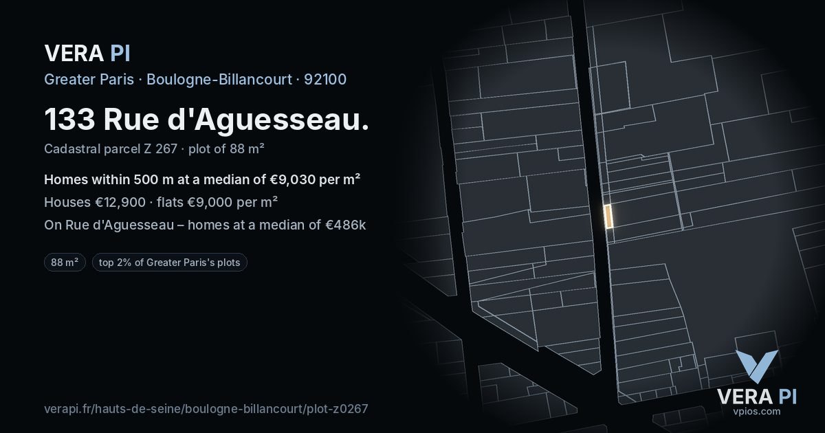 133 Rue d'Aguesseau, Boulogne-Billancourt at night – the plot lit, the parcels around coloured by the prices near them