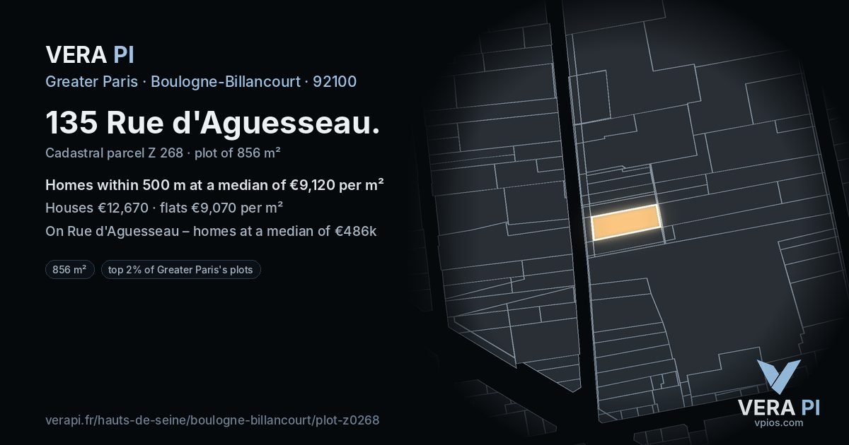 135 Rue d'Aguesseau, Boulogne-Billancourt at night – the plot lit, the parcels around coloured by the prices near them