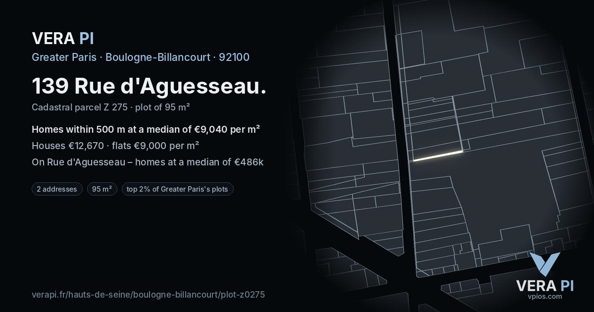 139 Rue d'Aguesseau, Boulogne-Billancourt at night – the plot lit, the parcels around coloured by the prices near them