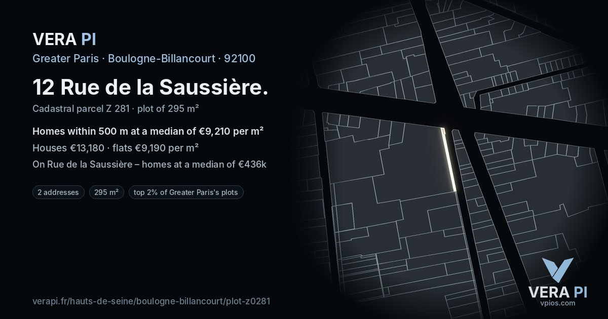 12 Rue de la Saussière, Boulogne-Billancourt at night – the plot lit, the parcels around coloured by the prices near them