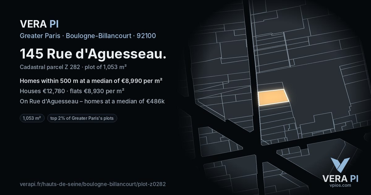 145 Rue d'Aguesseau, Boulogne-Billancourt at night – the plot lit, the parcels around coloured by the prices near them