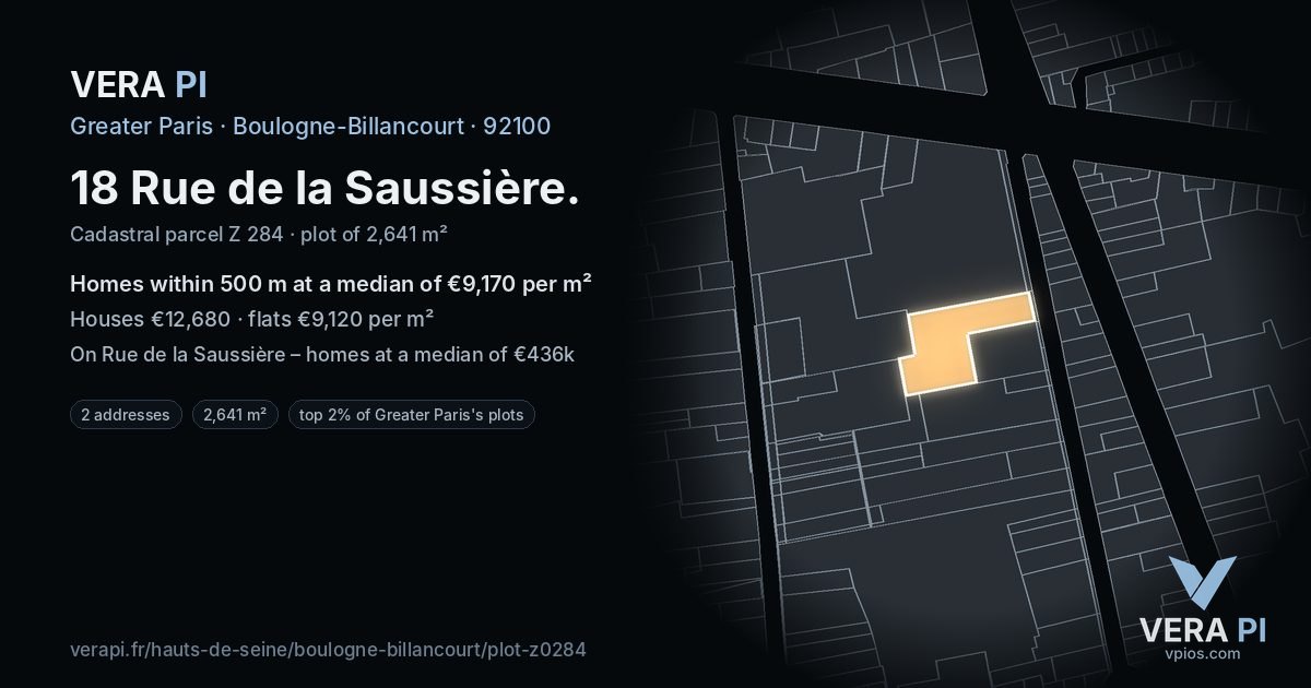 18 Rue de la Saussière, Boulogne-Billancourt at night – the plot lit, the parcels around coloured by the prices near them