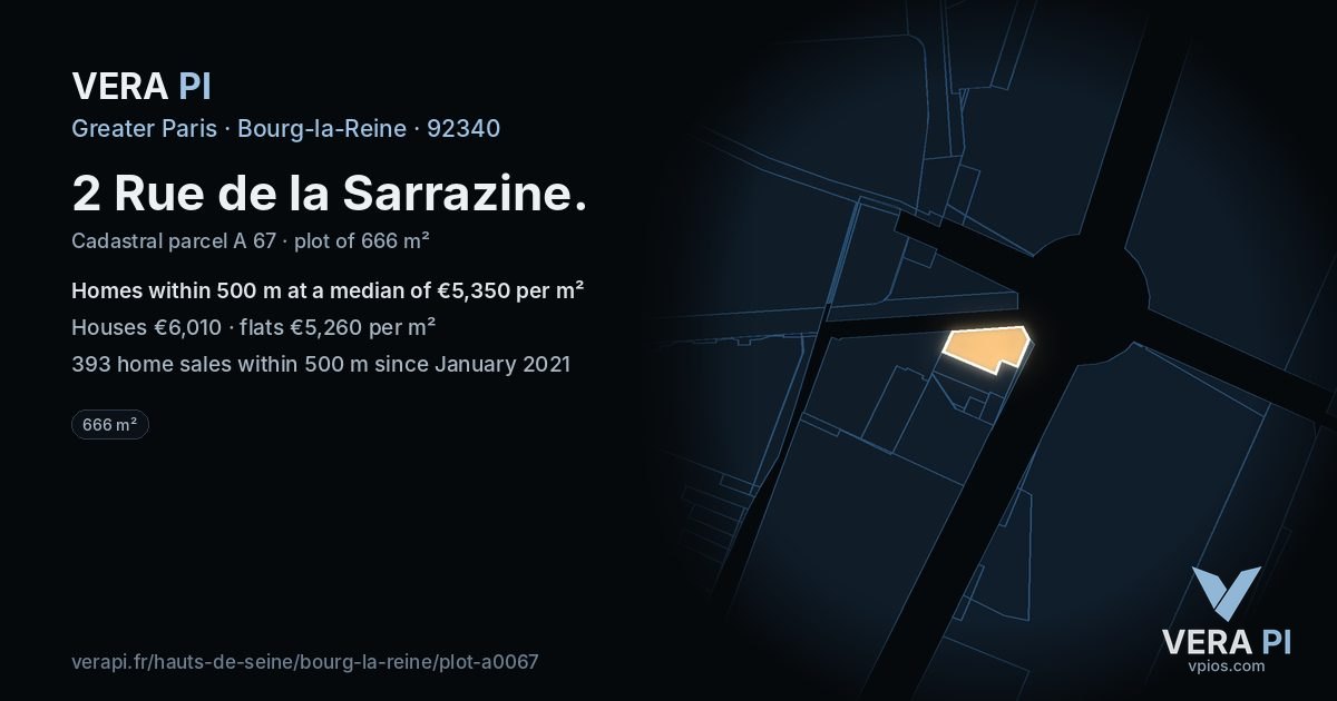 2 Rue de la Sarrazine, Bourg-la-Reine at night – the plot lit, the parcels around coloured by the prices near them
