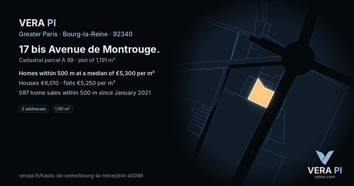 17 bis Avenue de Montrouge, Bourg-la-Reine at night – the plot lit, the parcels around coloured by the prices near them