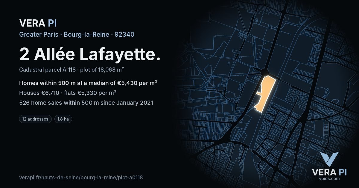 2 Allée Lafayette, Bourg-la-Reine at night – the plot lit, the parcels around coloured by the prices near them