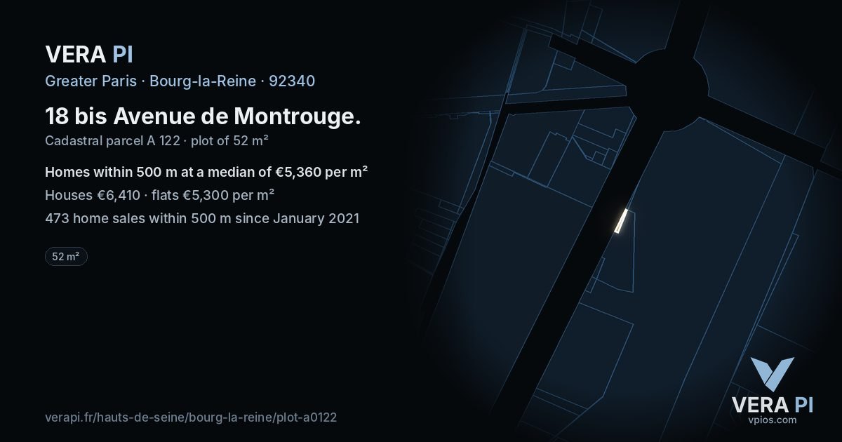 18 bis Avenue de Montrouge, Bourg-la-Reine at night – the plot lit, the parcels around coloured by the prices near them
