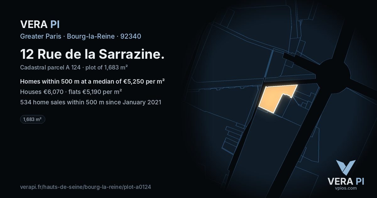 12 Rue de la Sarrazine, Bourg-la-Reine at night – the plot lit, the parcels around coloured by the prices near them