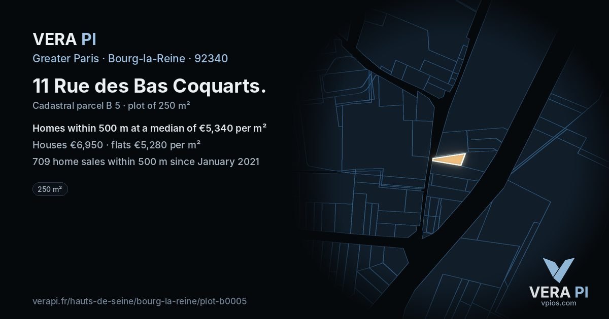 11 Rue des Bas Coquarts, Bourg-la-Reine at night – the plot lit, the parcels around coloured by the prices near them