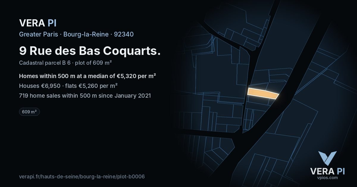 9 Rue des Bas Coquarts, Bourg-la-Reine at night – the plot lit, the parcels around coloured by the prices near them