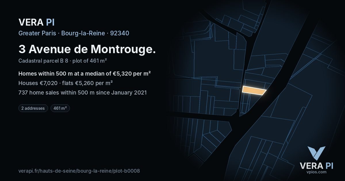3 Avenue de Montrouge, Bourg-la-Reine at night – the plot lit, the parcels around coloured by the prices near them