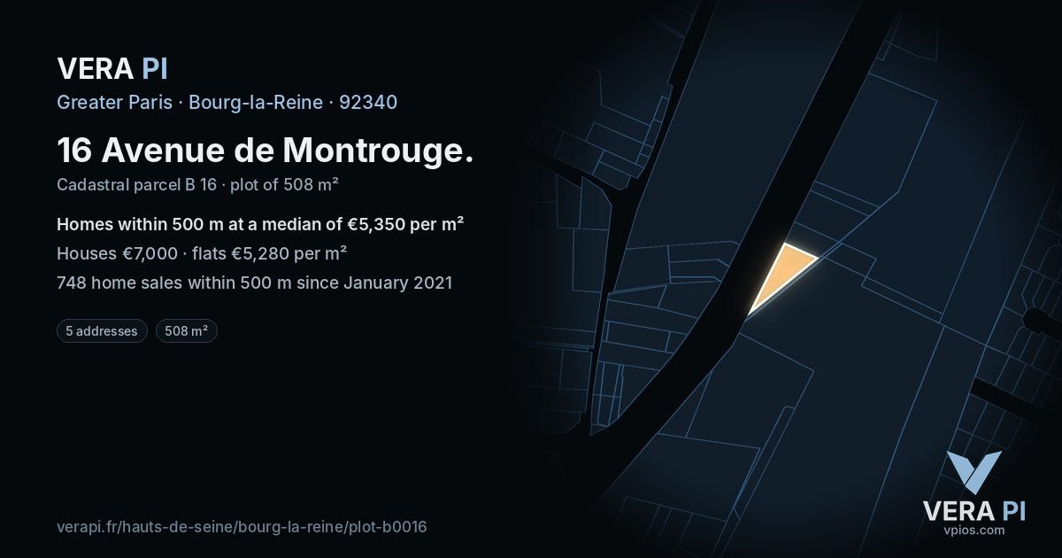 16 Avenue de Montrouge, Bourg-la-Reine at night – the plot lit, the parcels around coloured by the prices near them