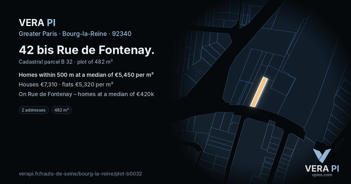 42 bis Rue de Fontenay, Bourg-la-Reine at night – the plot lit, the parcels around coloured by the prices near them