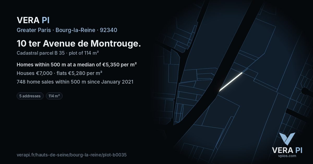10 ter Avenue de Montrouge, Bourg-la-Reine at night – the plot lit, the parcels around coloured by the prices near them