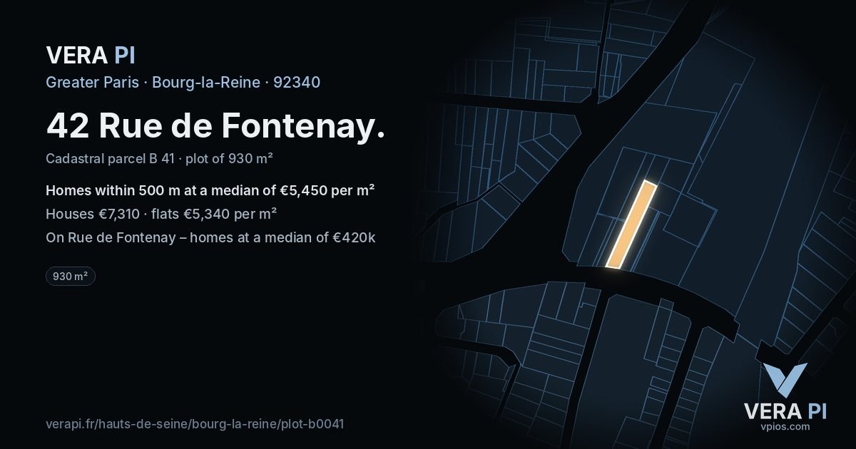 42 Rue de Fontenay, Bourg-la-Reine at night – the plot lit, the parcels around coloured by the prices near them