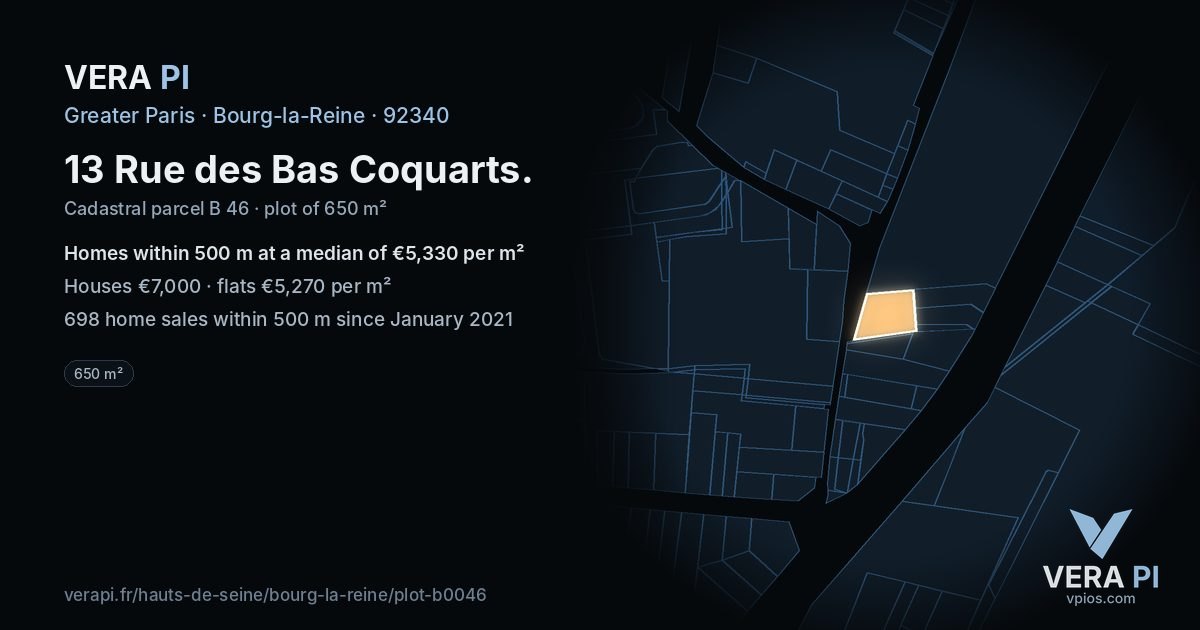 13 Rue des Bas Coquarts, Bourg-la-Reine at night – the plot lit, the parcels around coloured by the prices near them