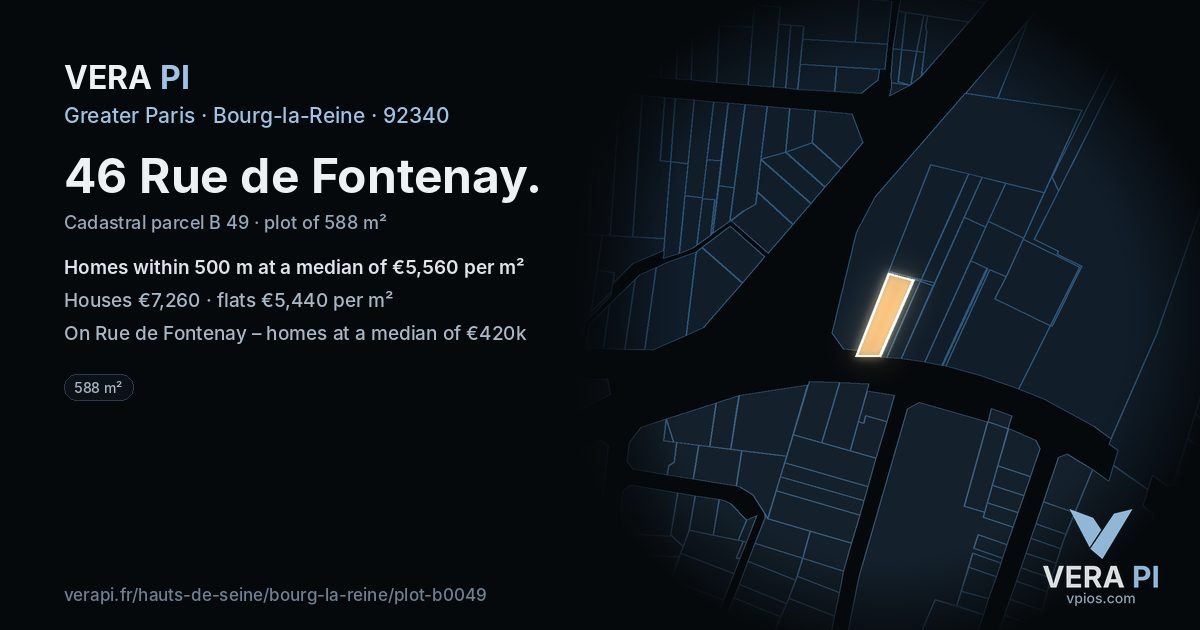 46 Rue de Fontenay, Bourg-la-Reine at night – the plot lit, the parcels around coloured by the prices near them