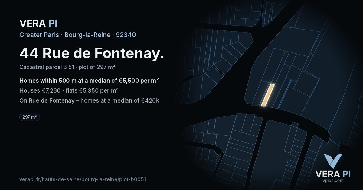 44 Rue de Fontenay, Bourg-la-Reine at night – the plot lit, the parcels around coloured by the prices near them