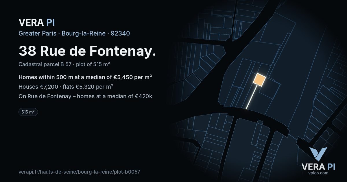 38 Rue de Fontenay, Bourg-la-Reine at night – the plot lit, the parcels around coloured by the prices near them