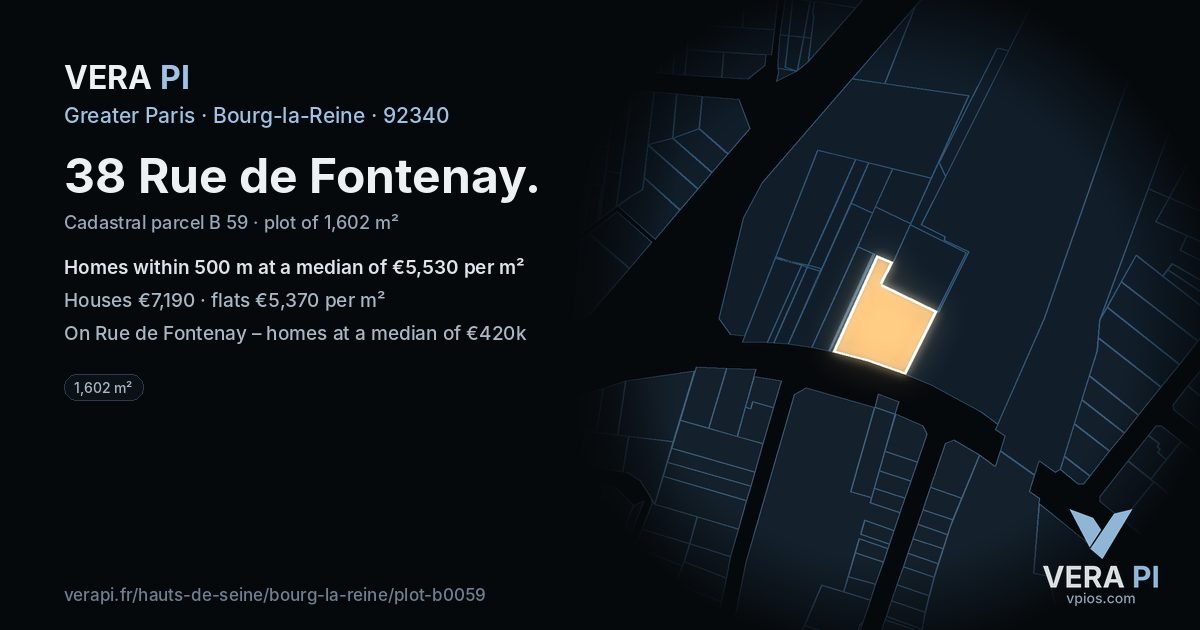 38 Rue de Fontenay, Bourg-la-Reine at night – the plot lit, the parcels around coloured by the prices near them