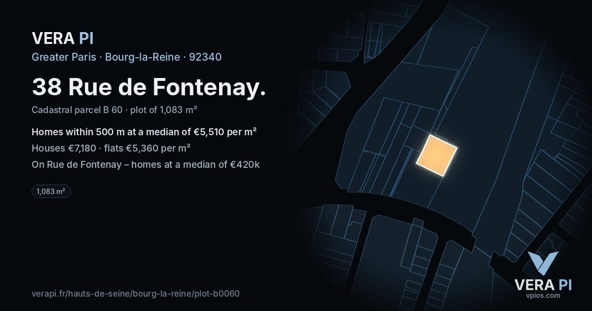 38 Rue de Fontenay, Bourg-la-Reine at night – the plot lit, the parcels around coloured by the prices near them