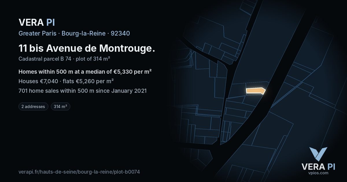 11 bis Avenue de Montrouge, Bourg-la-Reine at night – the plot lit, the parcels around coloured by the prices near them