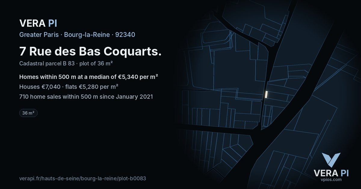 7 Rue des Bas Coquarts, Bourg-la-Reine at night – the plot lit, the parcels around coloured by the prices near them