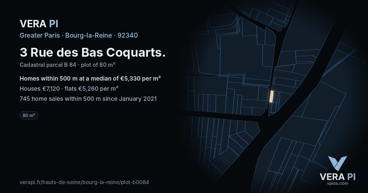 3 Rue des Bas Coquarts, Bourg-la-Reine at night – the plot lit, the parcels around coloured by the prices near them