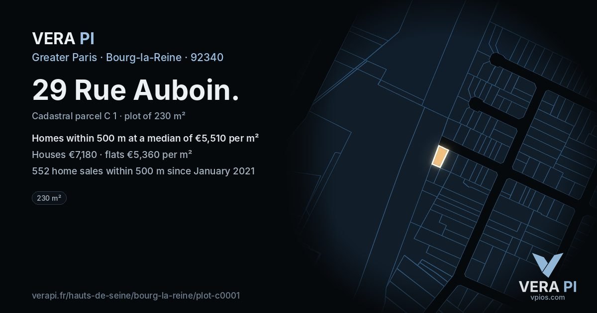 29 Rue Auboin, Bourg-la-Reine at night – the plot lit, the parcels around coloured by the prices near them