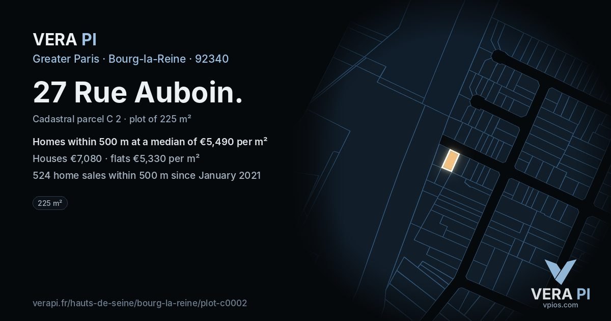 27 Rue Auboin, Bourg-la-Reine at night – the plot lit, the parcels around coloured by the prices near them