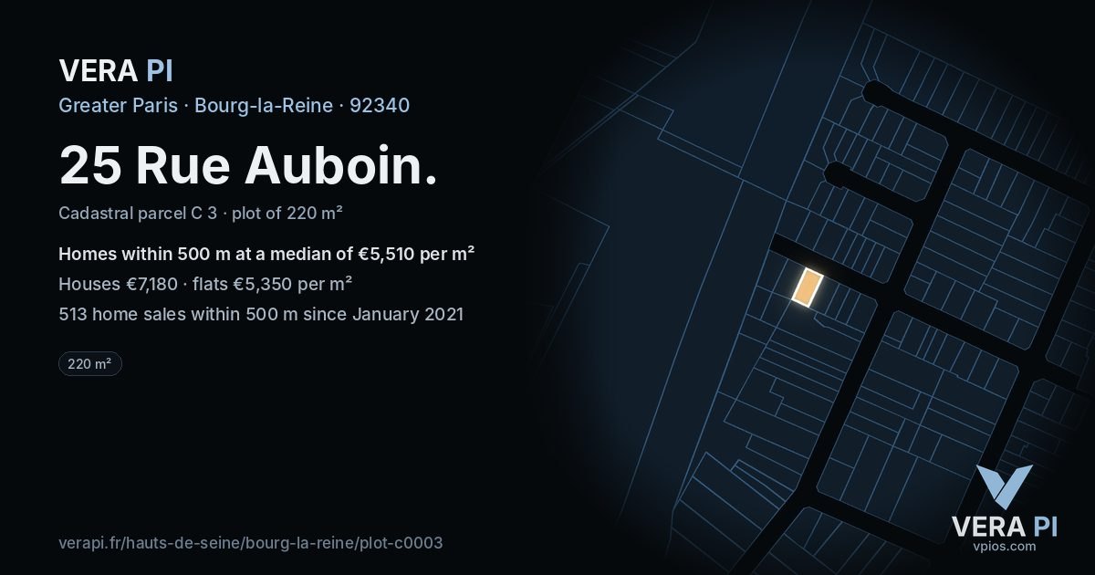 25 Rue Auboin, Bourg-la-Reine at night – the plot lit, the parcels around coloured by the prices near them