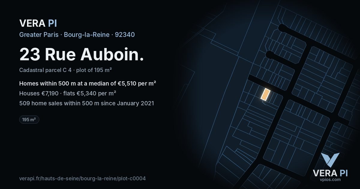 23 Rue Auboin, Bourg-la-Reine at night – the plot lit, the parcels around coloured by the prices near them