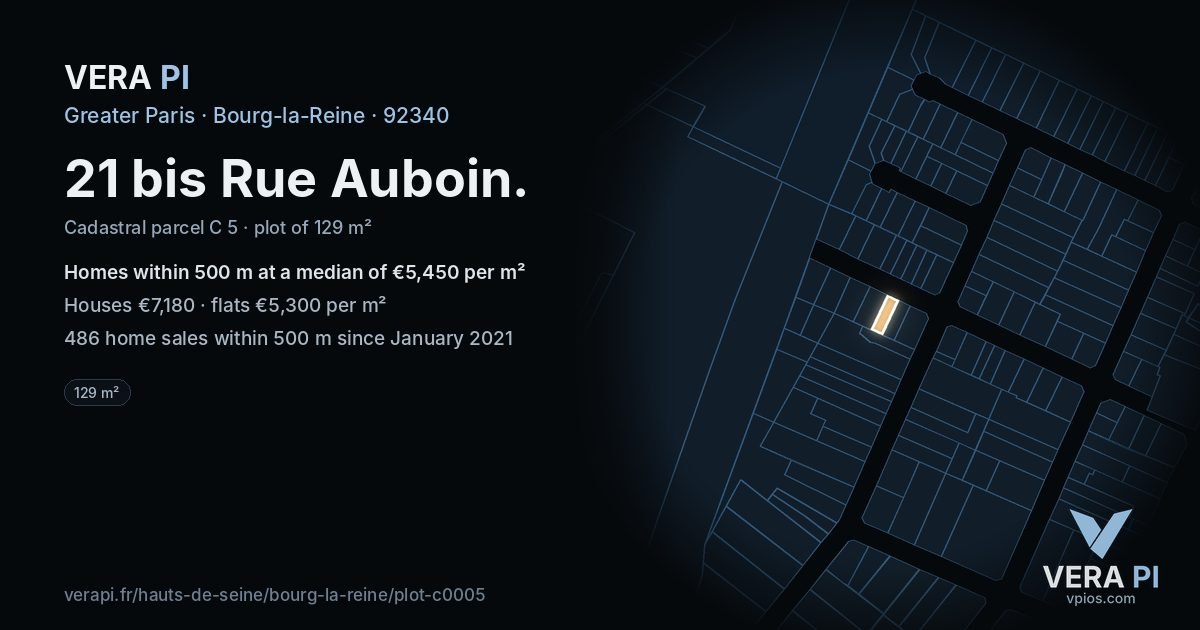 21 bis Rue Auboin, Bourg-la-Reine at night – the plot lit, the parcels around coloured by the prices near them