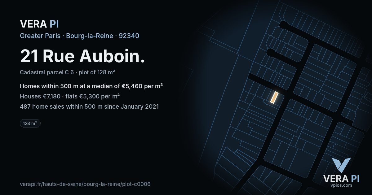 21 Rue Auboin, Bourg-la-Reine at night – the plot lit, the parcels around coloured by the prices near them