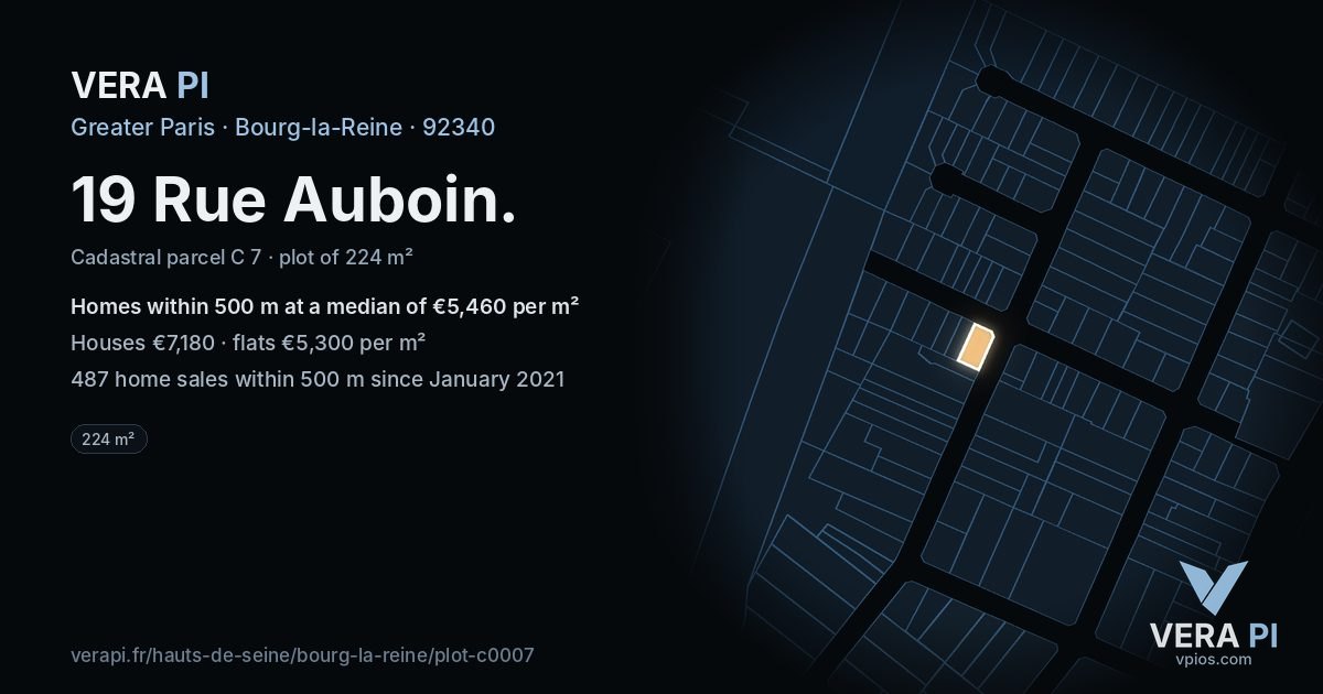 19 Rue Auboin, Bourg-la-Reine at night – the plot lit, the parcels around coloured by the prices near them