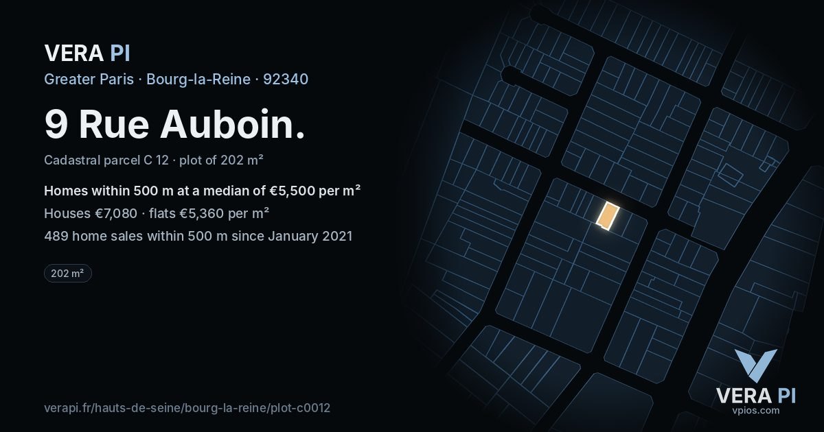 9 Rue Auboin, Bourg-la-Reine at night – the plot lit, the parcels around coloured by the prices near them