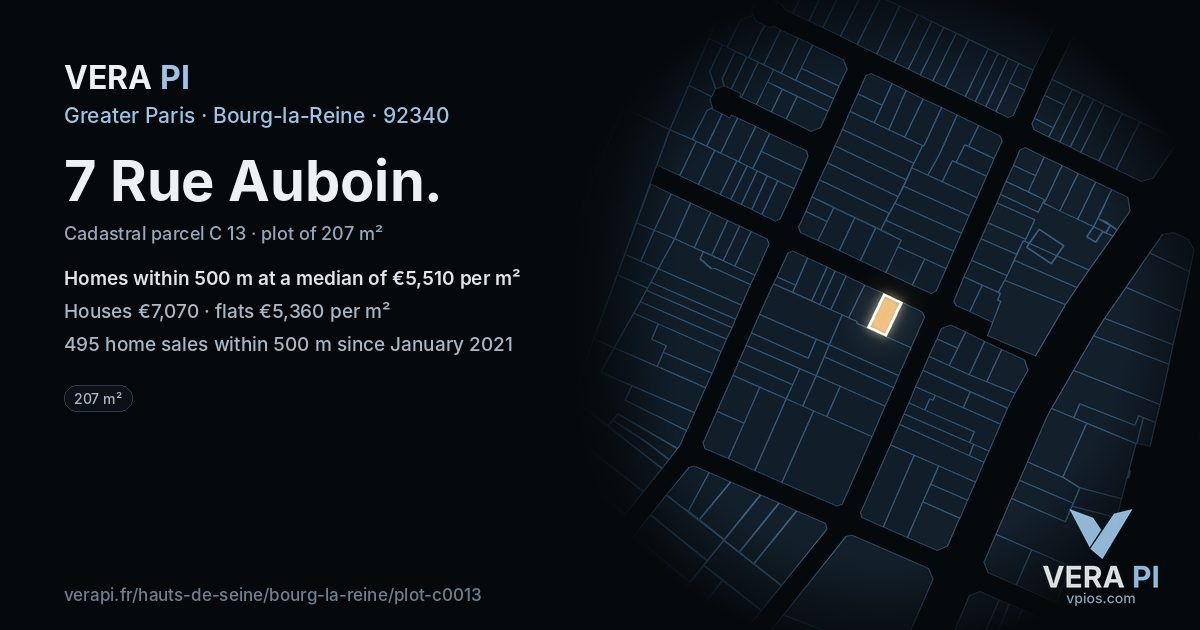 7 Rue Auboin, Bourg-la-Reine at night – the plot lit, the parcels around coloured by the prices near them