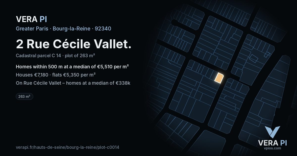 2 Rue Cécile Vallet, Bourg-la-Reine at night – the plot lit, the parcels around coloured by the prices near them