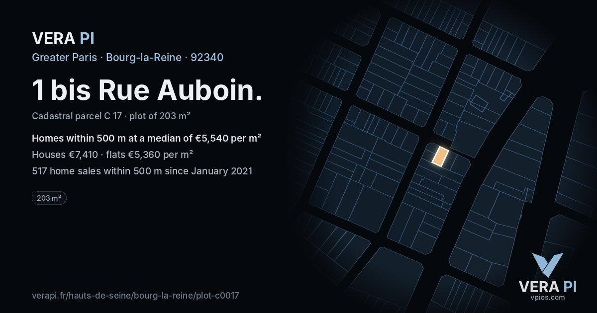 1 bis Rue Auboin, Bourg-la-Reine at night – the plot lit, the parcels around coloured by the prices near them