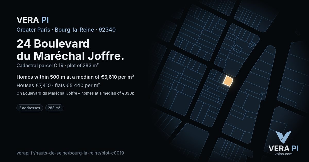 24 Boulevard du Maréchal Joffre, Bourg-la-Reine at night – the plot lit, the parcels around coloured by the prices near them