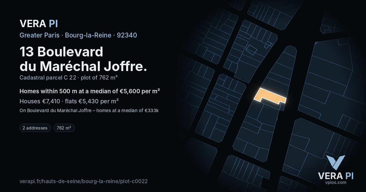 13 Boulevard du Maréchal Joffre, Bourg-la-Reine at night – the plot lit, the parcels around coloured by the prices near them