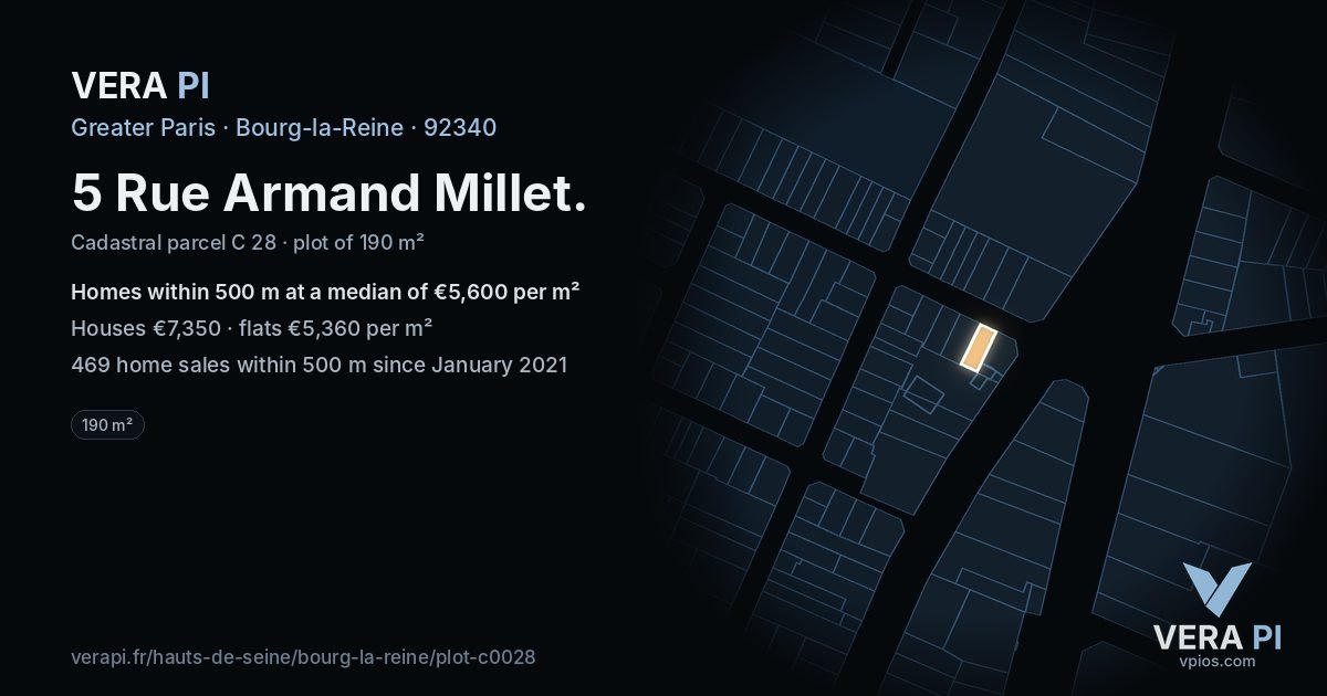 5 Rue Armand Millet, Bourg-la-Reine at night – the plot lit, the parcels around coloured by the prices near them