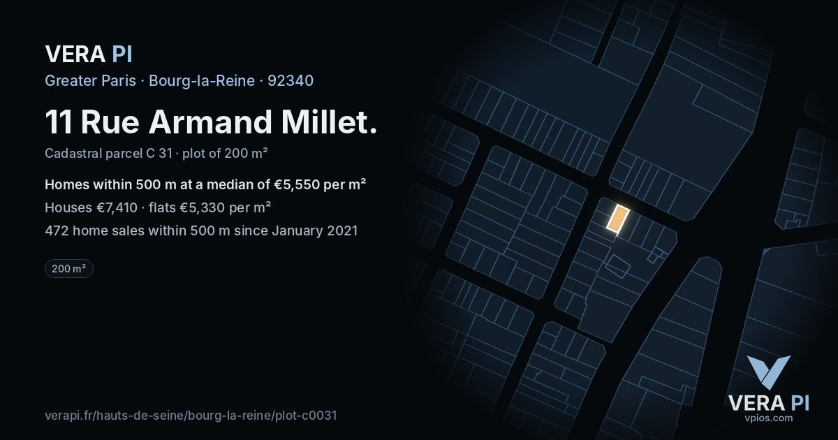11 Rue Armand Millet, Bourg-la-Reine at night – the plot lit, the parcels around coloured by the prices near them
