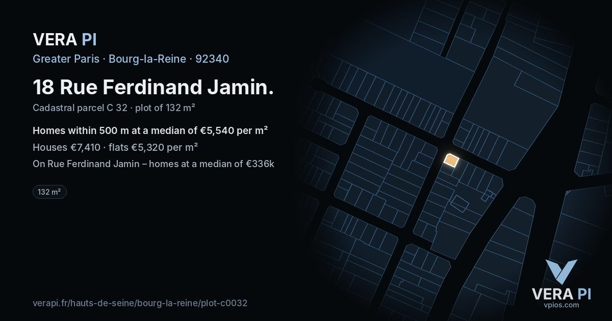 18 Rue Ferdinand Jamin, Bourg-la-Reine at night – the plot lit, the parcels around coloured by the prices near them