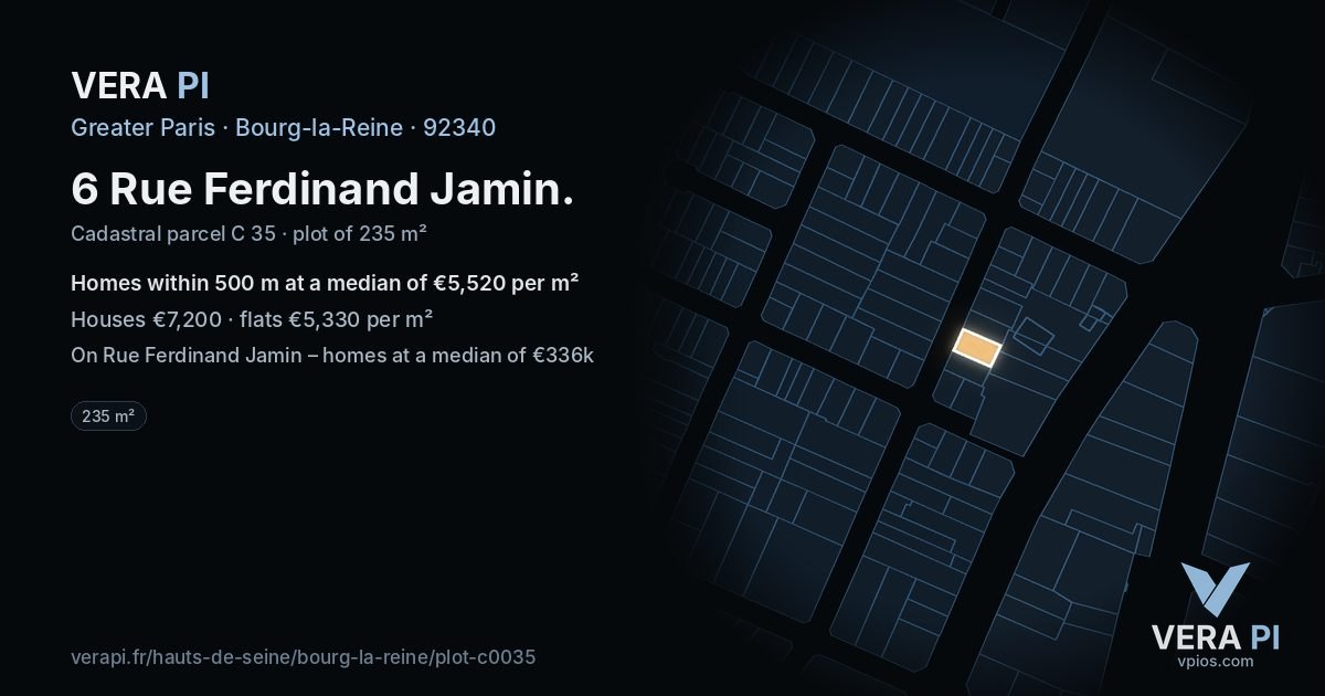6 Rue Ferdinand Jamin, Bourg-la-Reine at night – the plot lit, the parcels around coloured by the prices near them