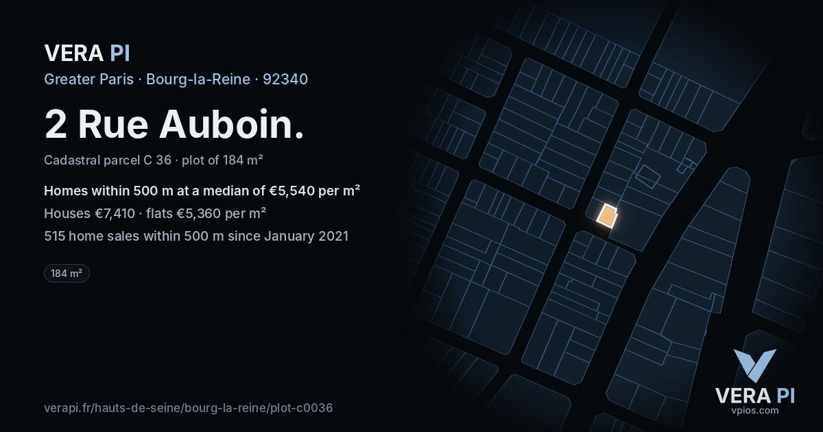 2 Rue Auboin, Bourg-la-Reine at night – the plot lit, the parcels around coloured by the prices near them